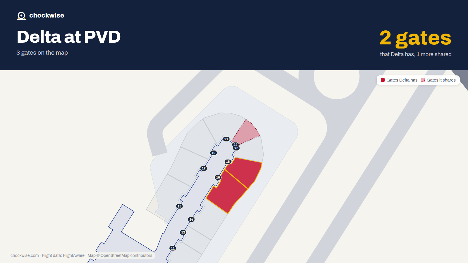Map of PVD with the gates Delta Air Lines uses highlighted: 16 and 18.