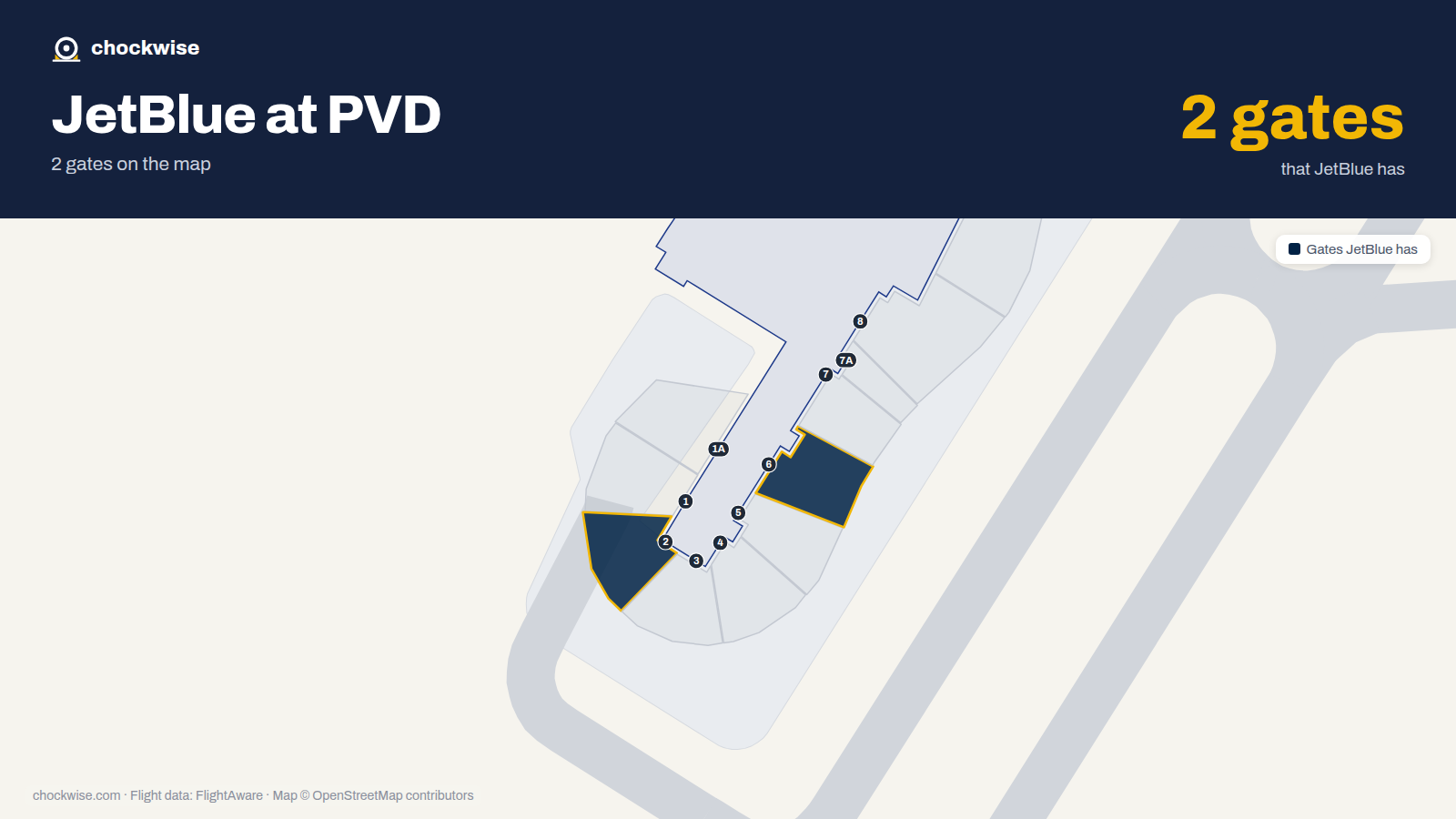 Map of PVD with the gates JetBlue uses highlighted: 2 and 6.
