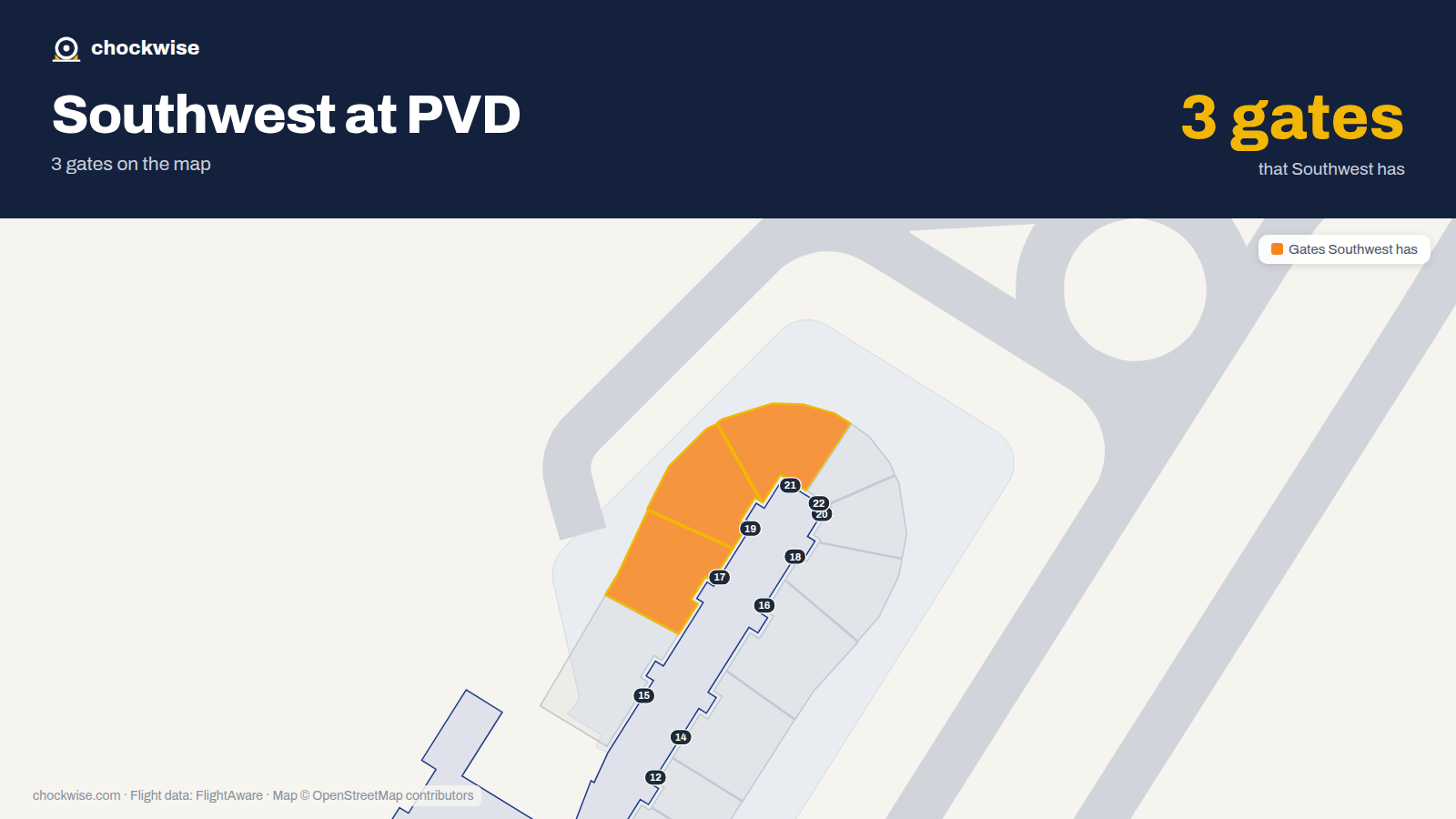 Map of PVD with the gates Southwest Airlines uses highlighted: 17, 19 and 21.