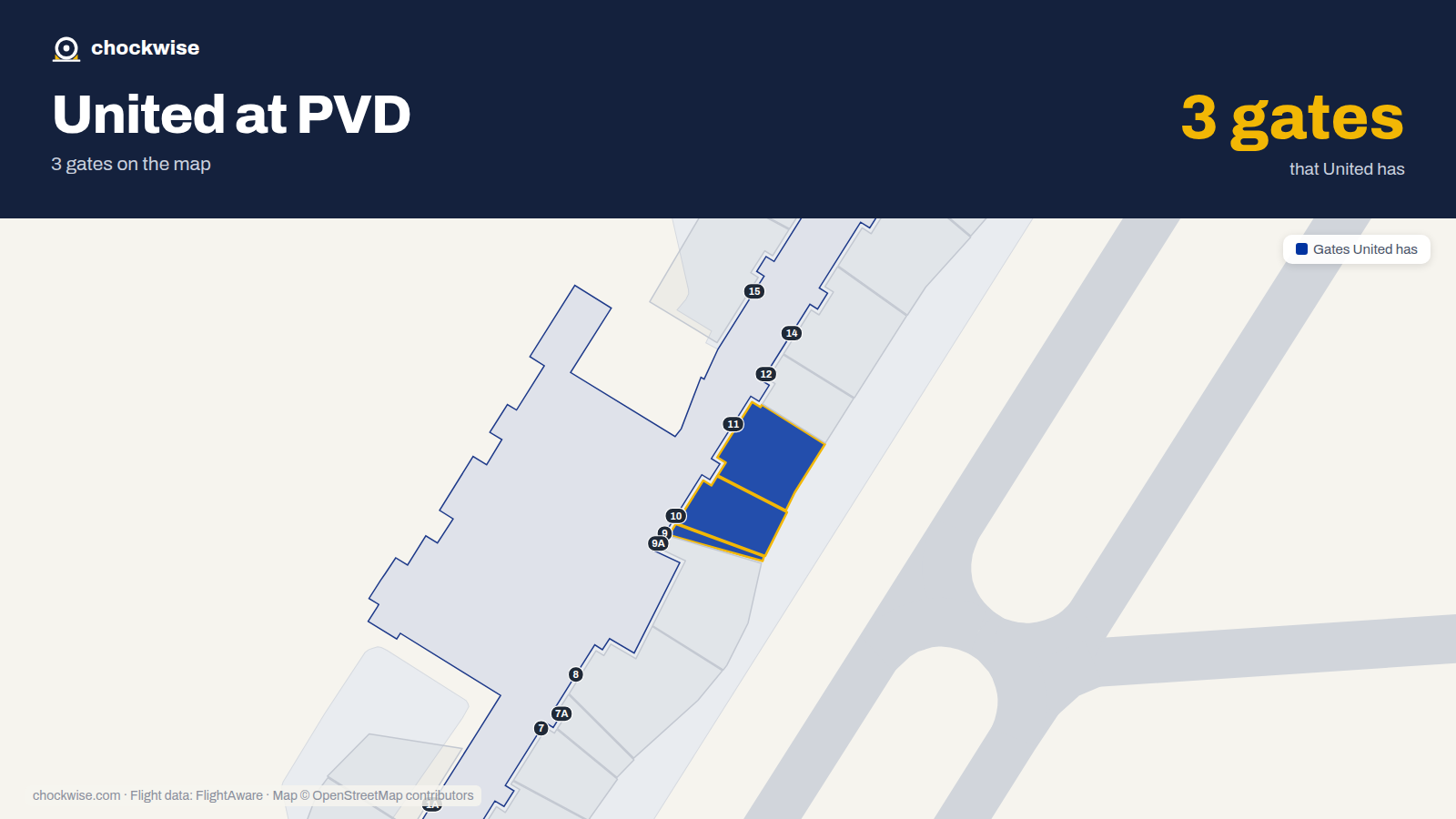 Map of PVD with the gates United Airlines uses highlighted: 9, 10 and 11.