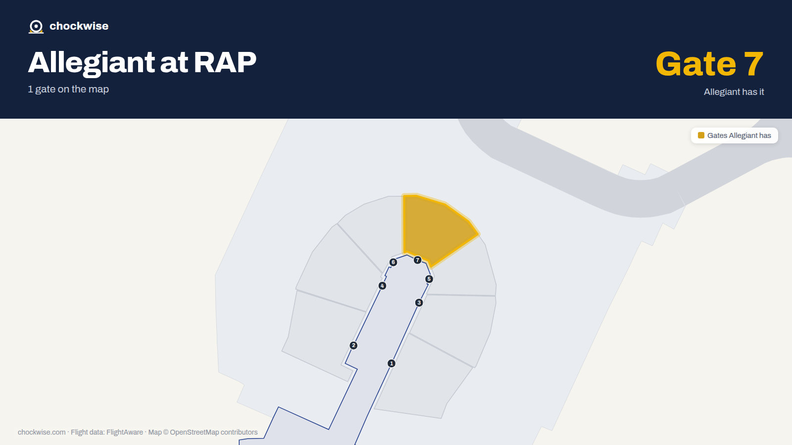 Map of RAP with the gates Allegiant Air uses highlighted: 7.