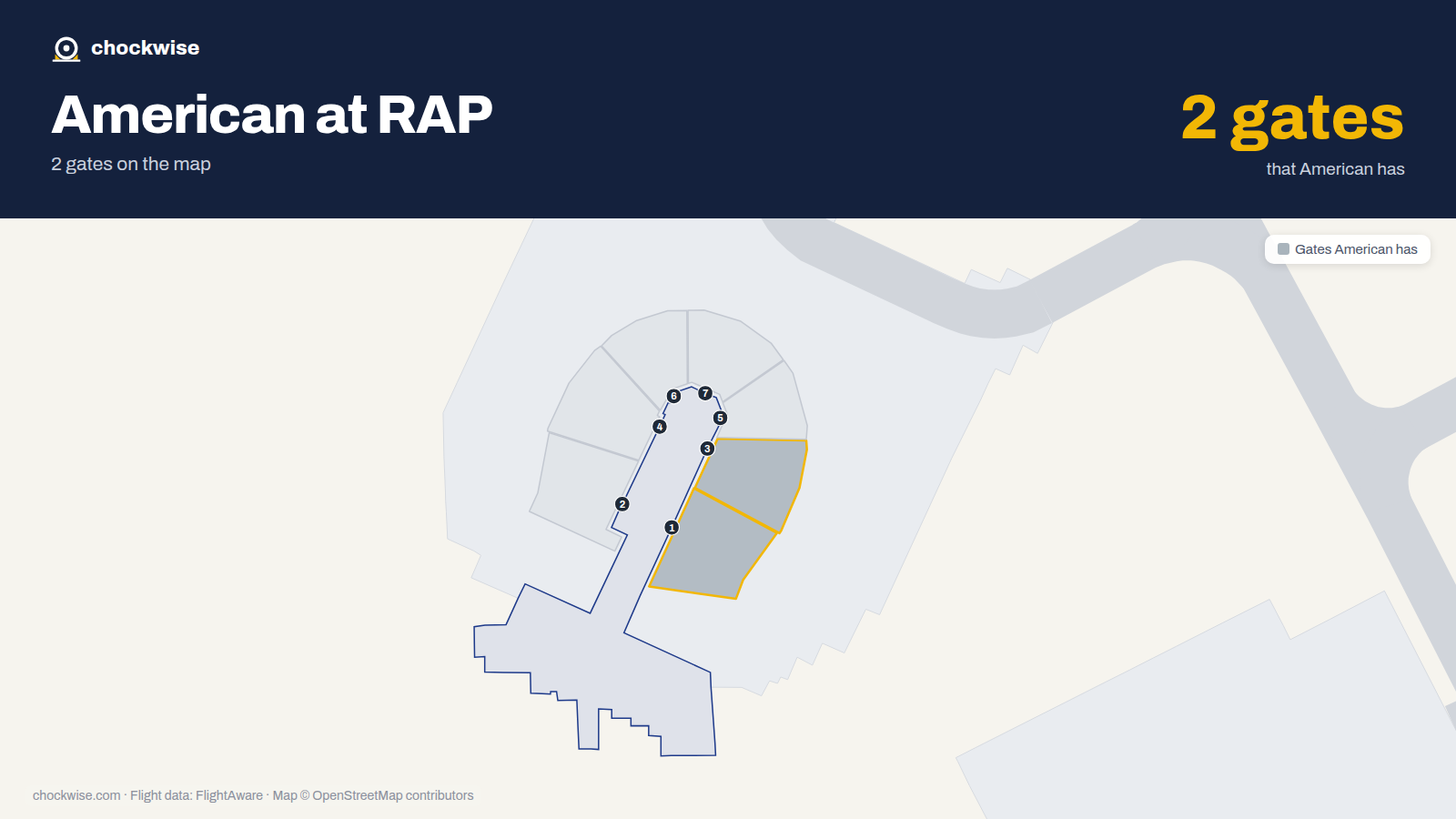 Map of RAP with the gates American Airlines uses highlighted: 1 and 3.