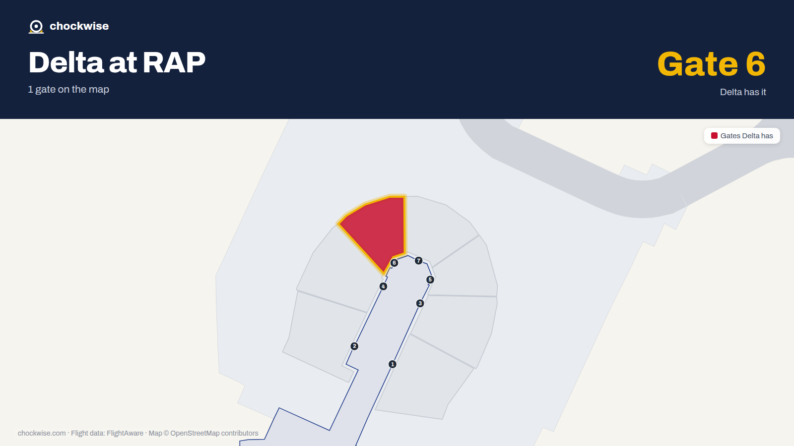 Map of RAP with the gates Delta Air Lines uses highlighted: 6.