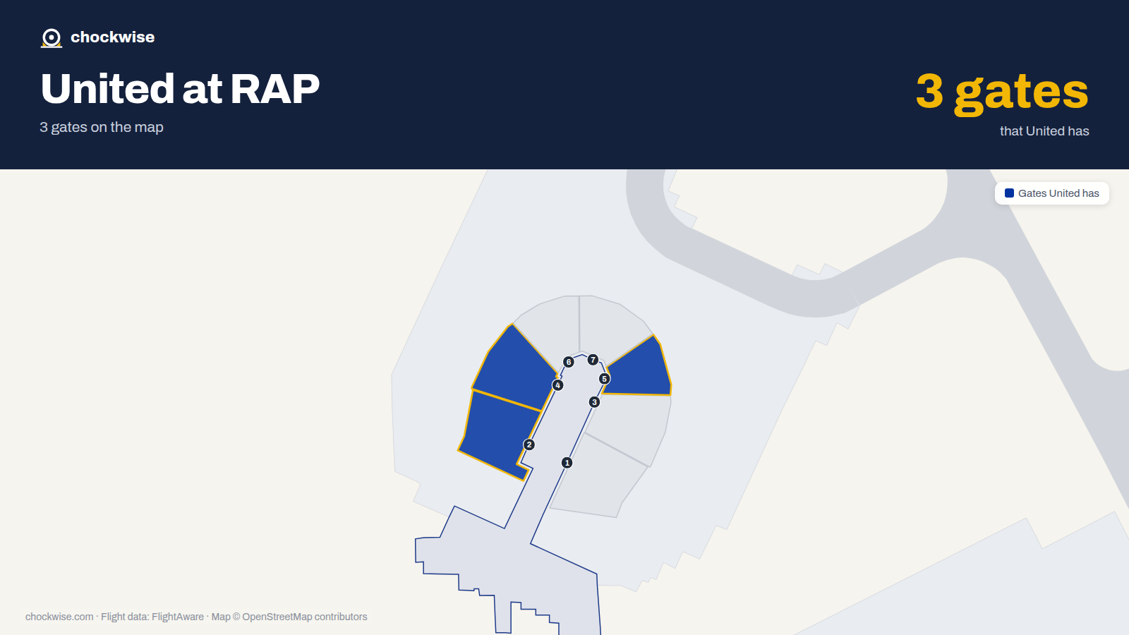 Map of RAP with the gates United Airlines uses highlighted: 2, 4 and 5.