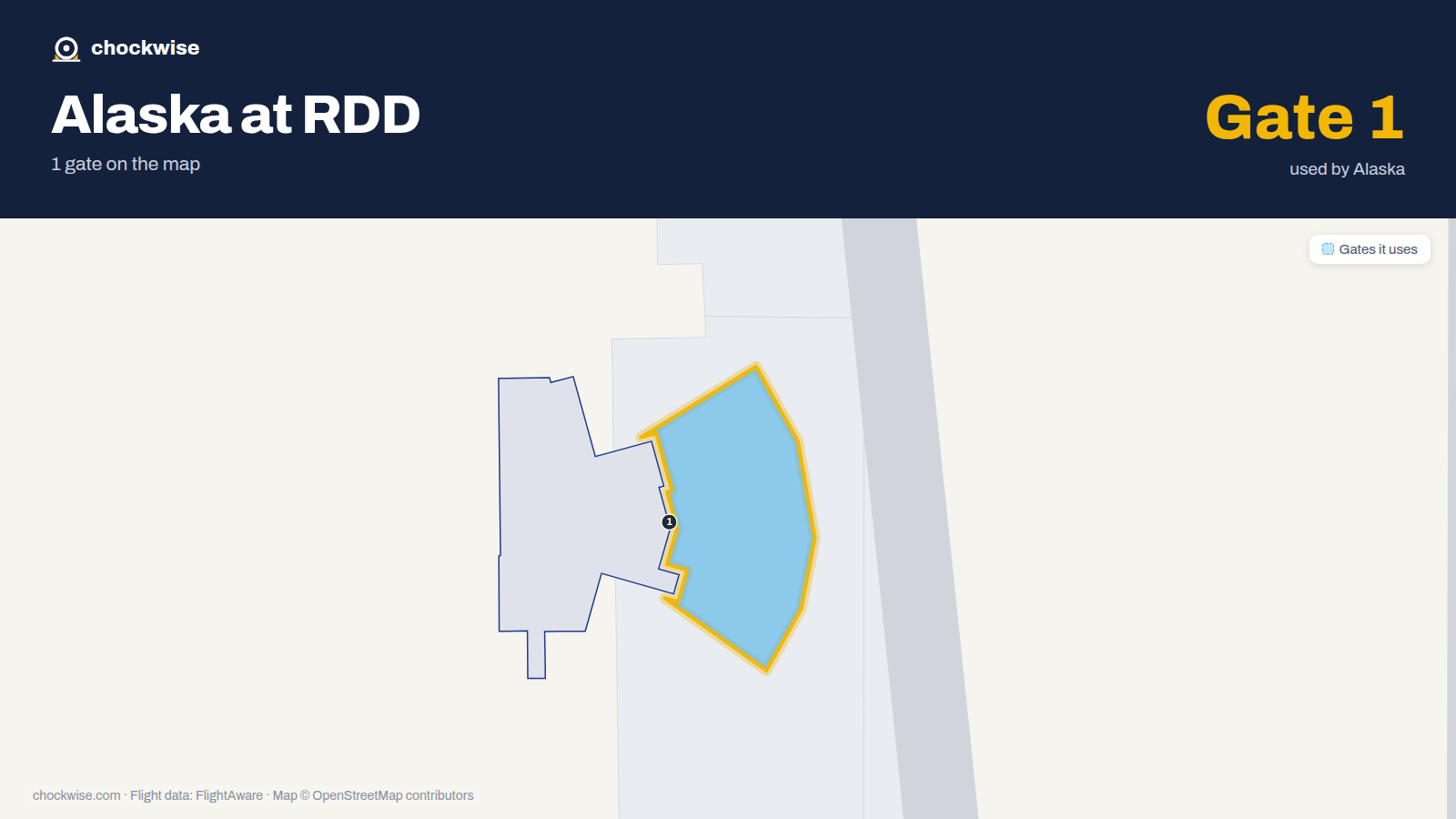 Map of RDD with the gates Alaska Airlines uses highlighted: 1.