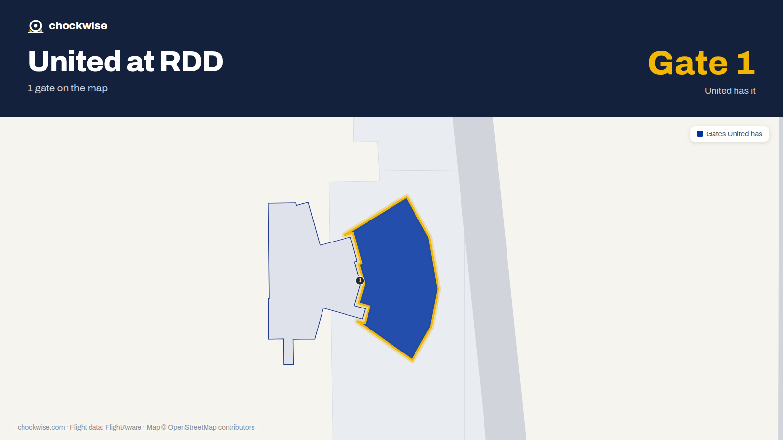 Map of RDD with the gates United Airlines uses highlighted: 1.