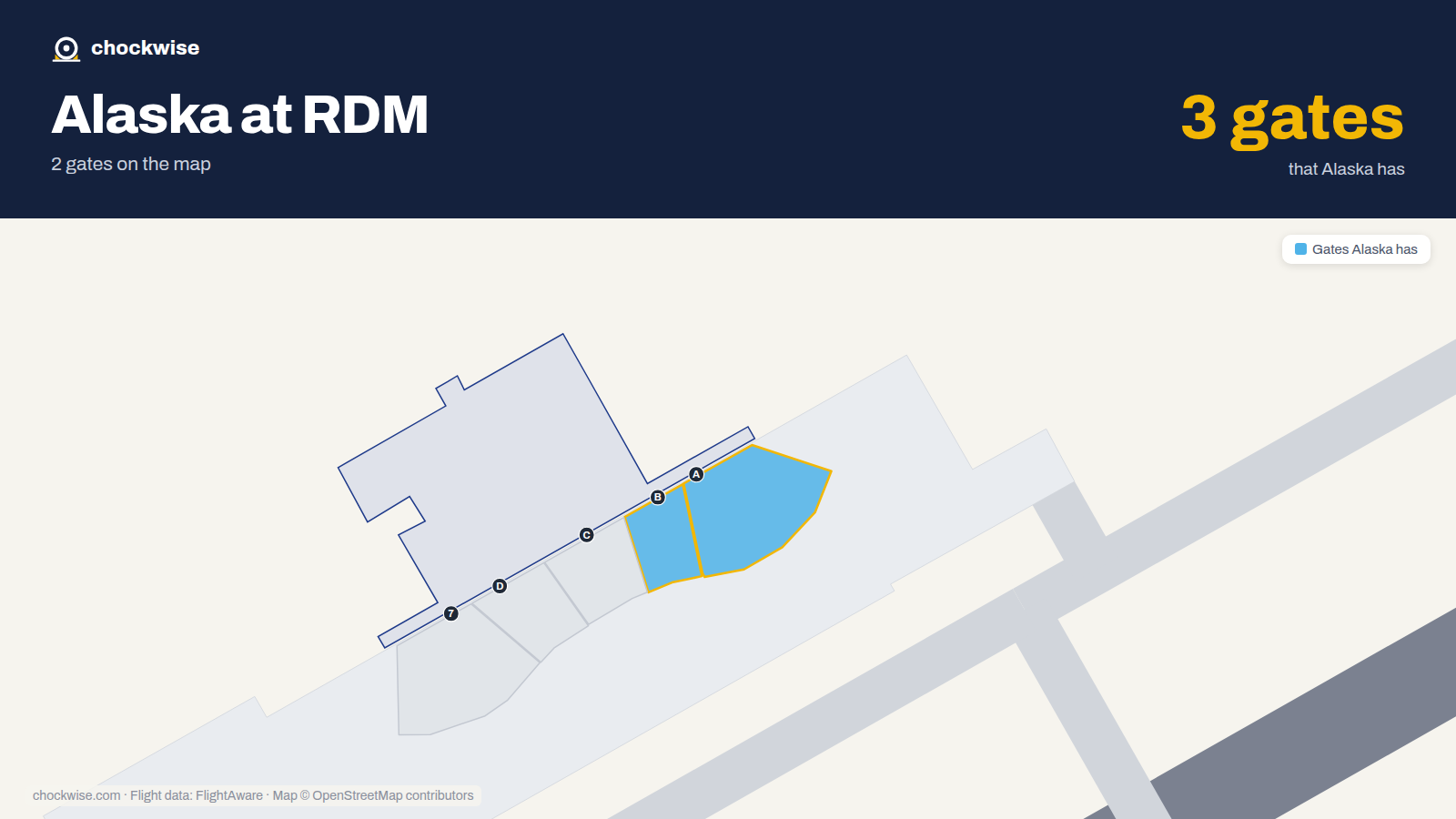 Map of RDM with the gates Alaska Airlines uses highlighted: A and B.