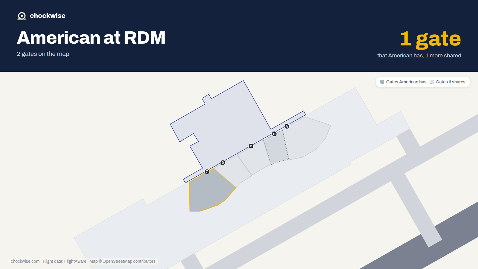Map of RDM with the gates American Airlines uses highlighted: 7.