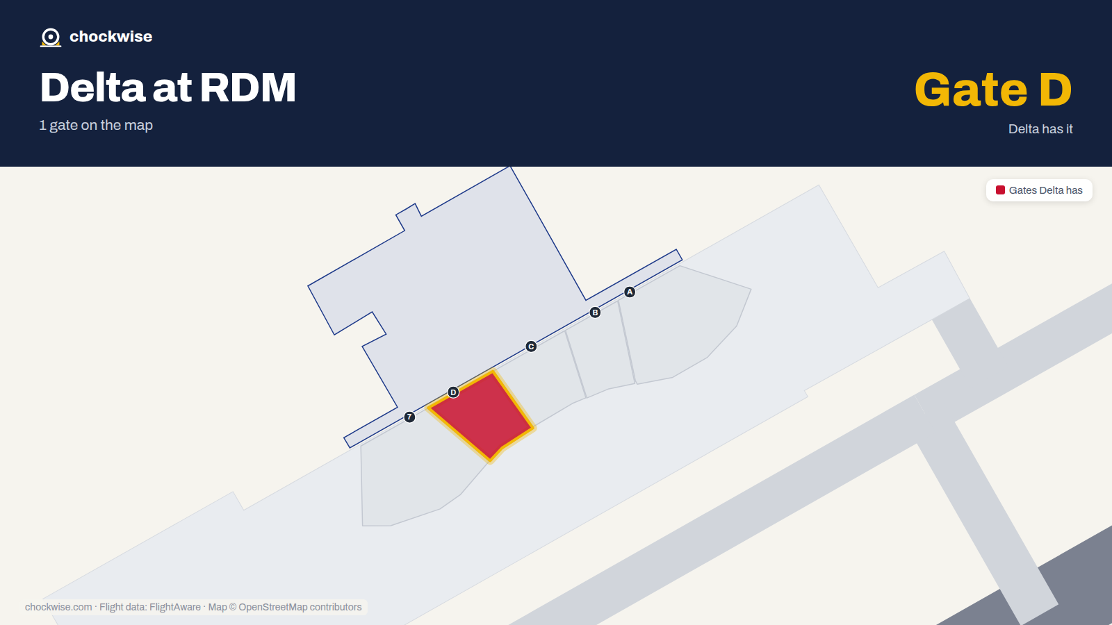 Map of RDM with the gates Delta Air Lines uses highlighted: D.