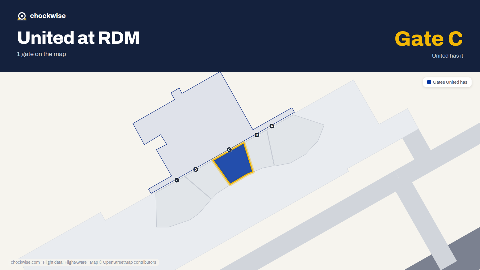 Map of RDM with the gates United Airlines uses highlighted: C.