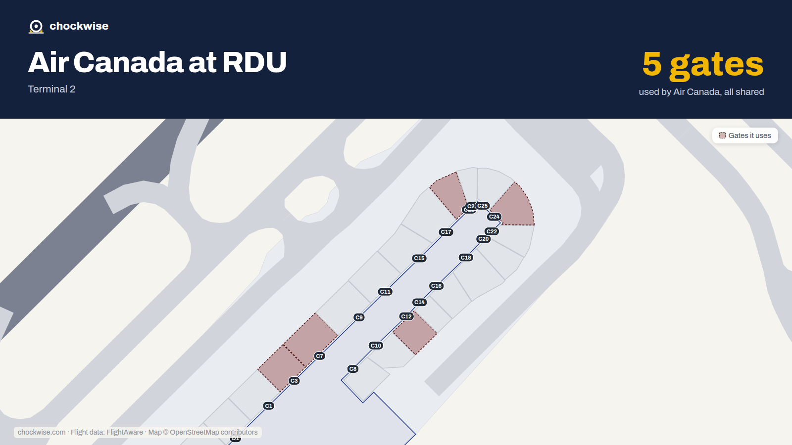 Map of RDU with the gates Air Canada uses highlighted: C3, C7, C12, C21 and C24.