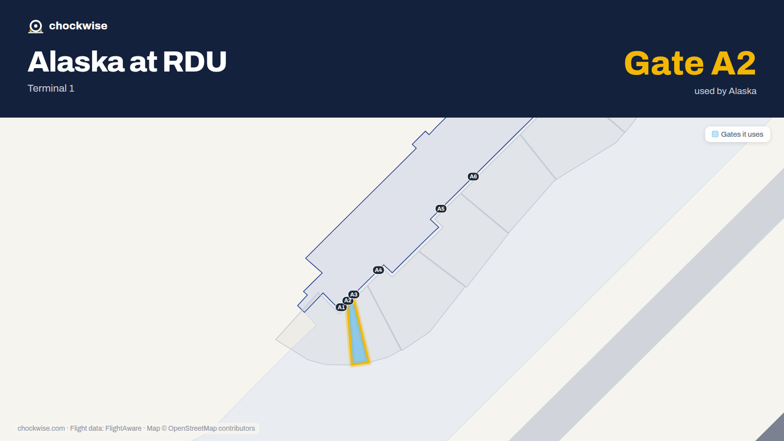Map of RDU with the gates Alaska Airlines uses highlighted: A2.