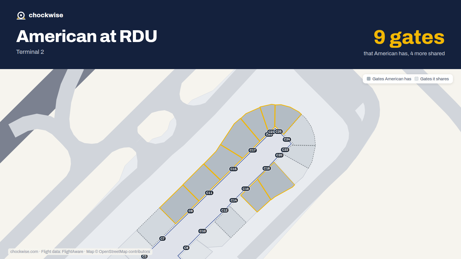 Map of RDU with the gates American Airlines uses highlighted: C9, C11, C15, C16, C17, C18, C21, C23 and 1 more.