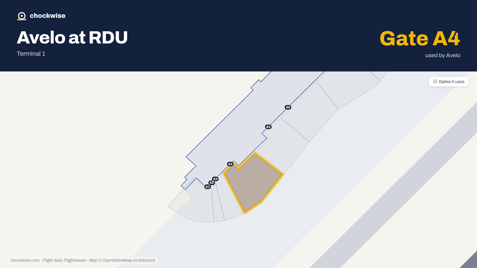 Map of RDU with the gates Avelo Airlines uses highlighted: A4.