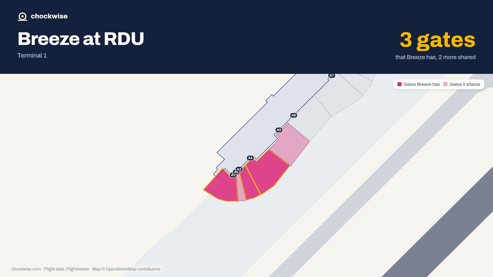Map of RDU with the gates Breeze Airways uses highlighted: A1, A3 and A4.