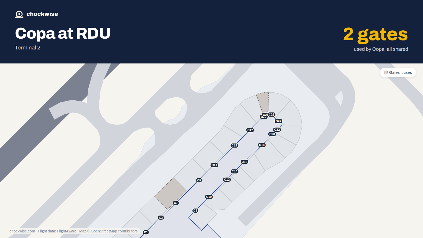 Map of RDU with the gates Copa Airlines uses highlighted: C7 and C23.