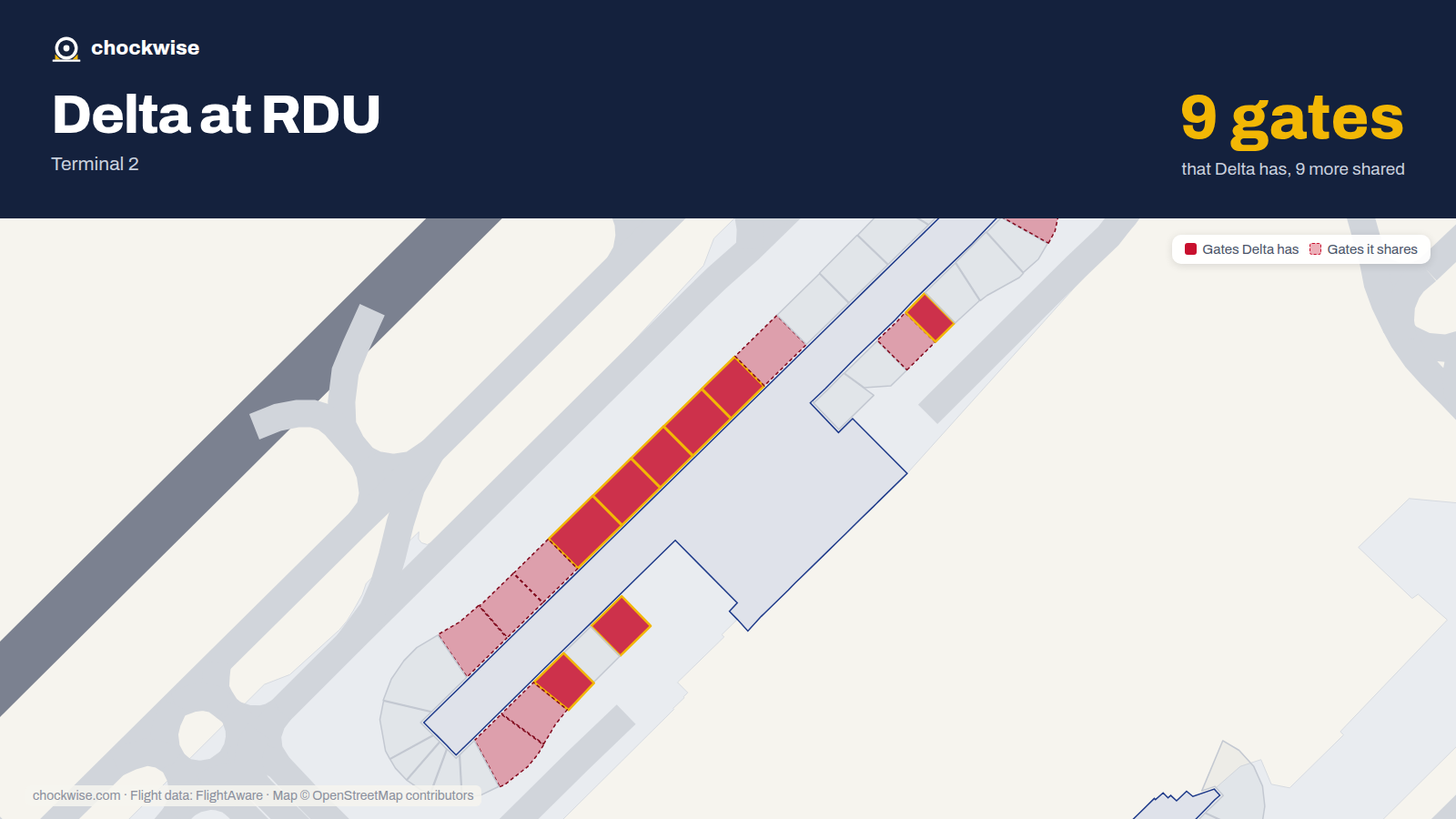 Map of RDU with the gates Delta Air Lines uses highlighted: C1, D1, C3, D3, D5, D6, D10 and C14.