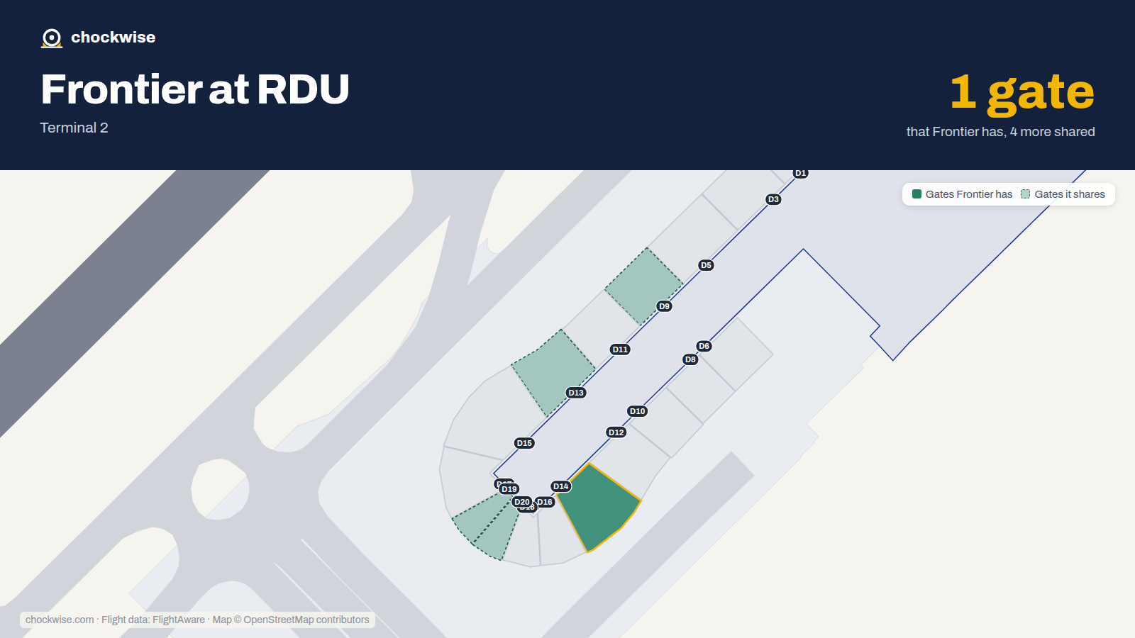 Map of RDU with the gates Frontier Airlines uses highlighted: D14.