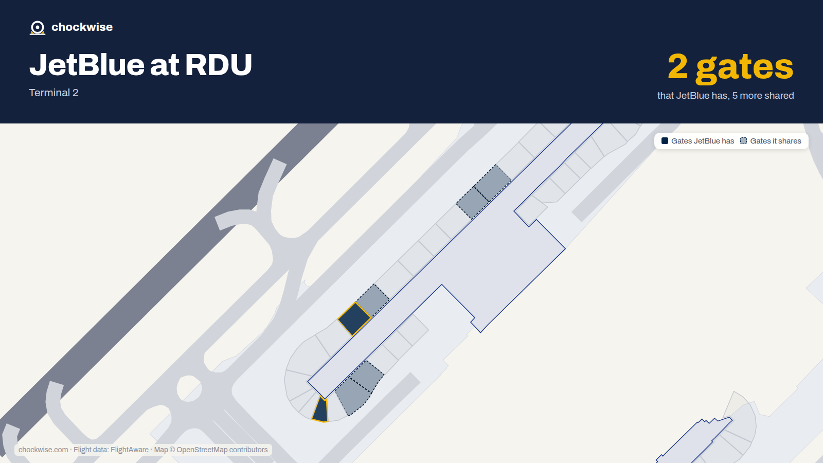 Map of RDU with the gates JetBlue uses highlighted: D11 and D18.