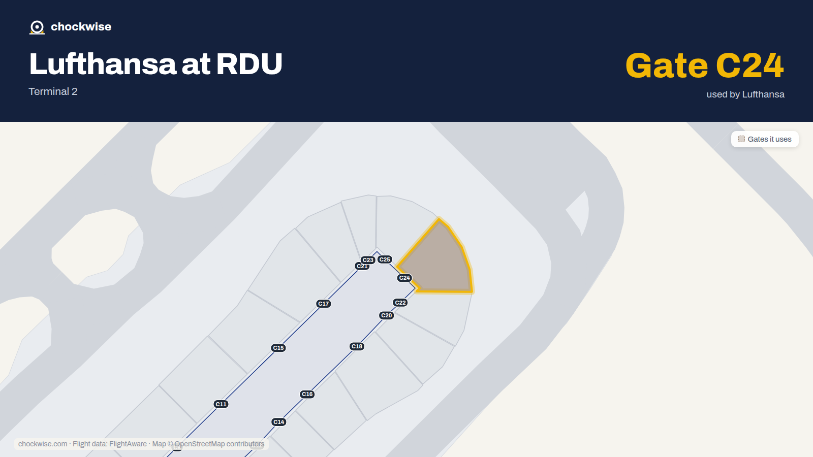 Map of RDU with the gates Lufthansa uses highlighted: C24.