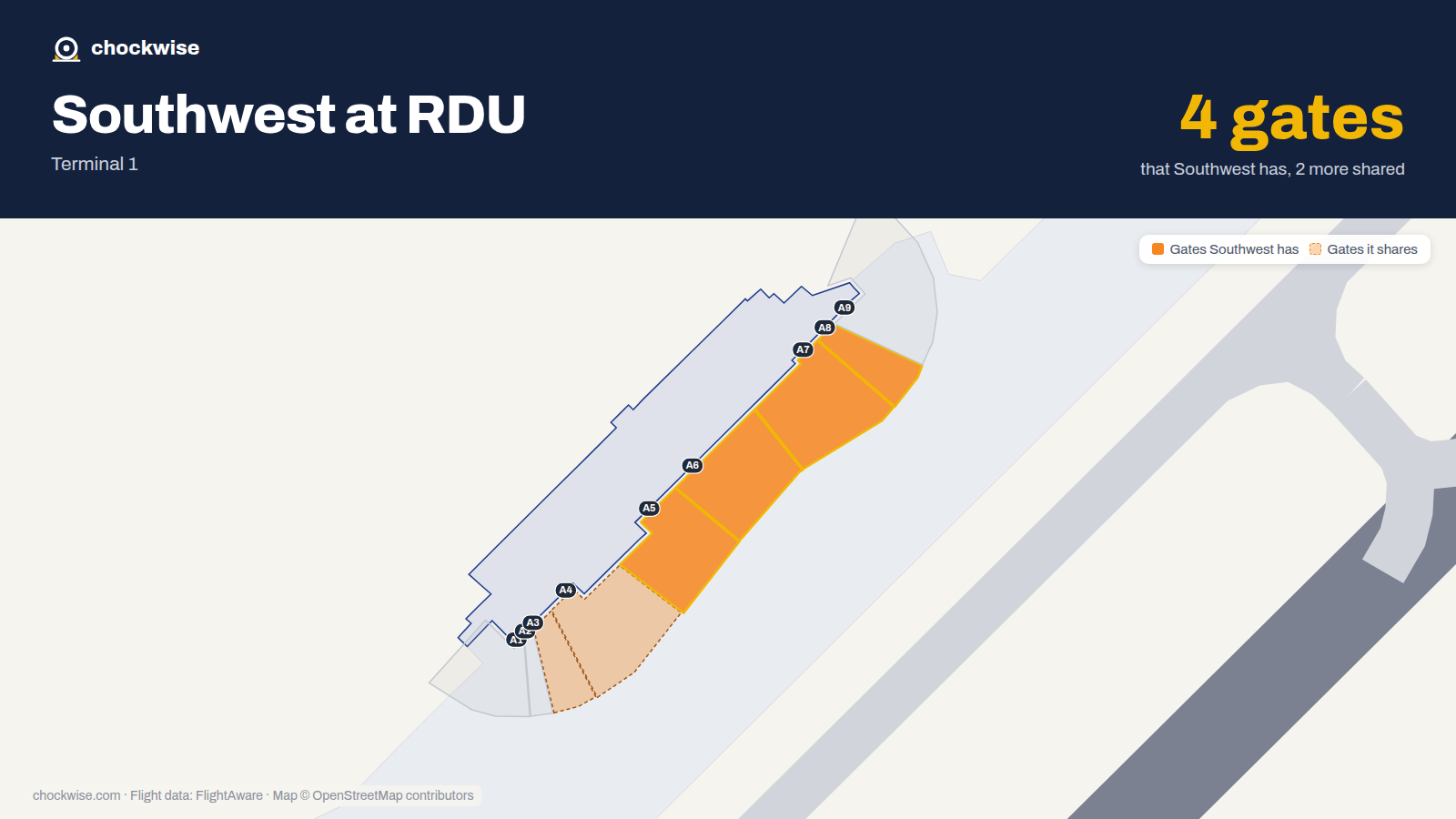 Map of RDU with the gates Southwest Airlines uses highlighted: A5, A6, A7 and A8.