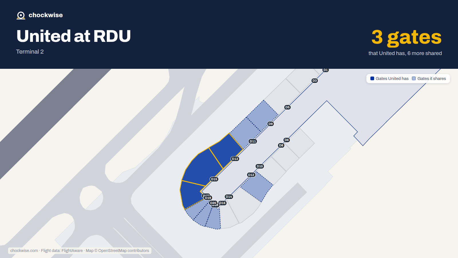Map of RDU with the gates United Airlines uses highlighted: D13, D15 and D17.