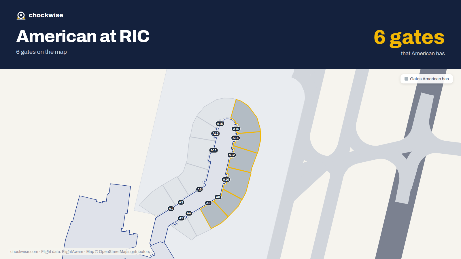 Map of RIC with the gates American Airlines uses highlighted: A6, A8, A10, A12, A14 and A16.