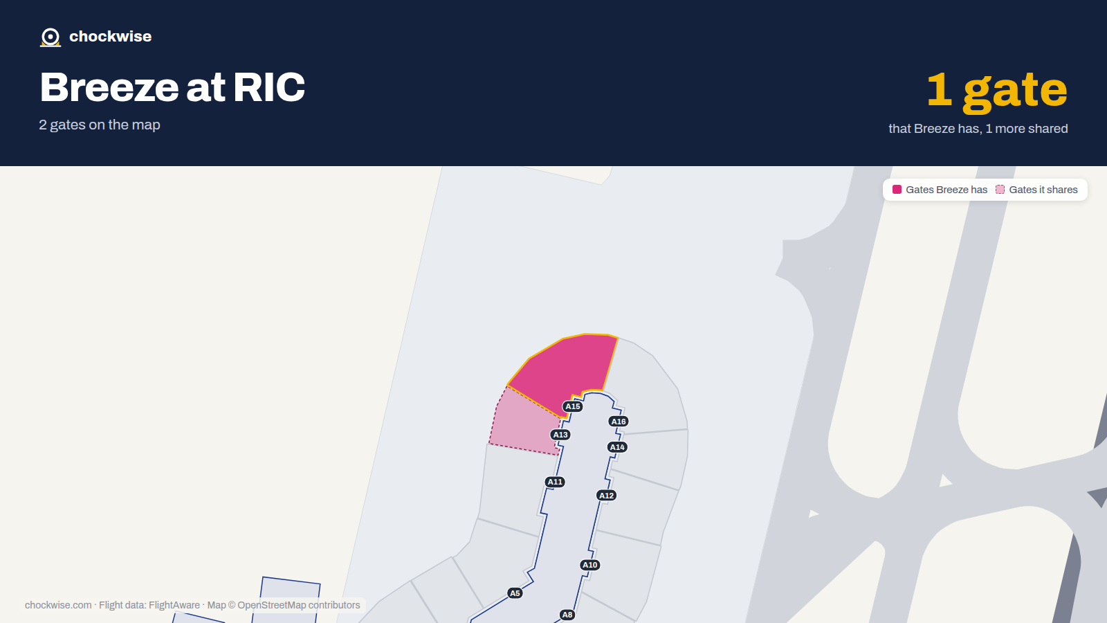 Map of RIC with the gates Breeze Airways uses highlighted: A15.