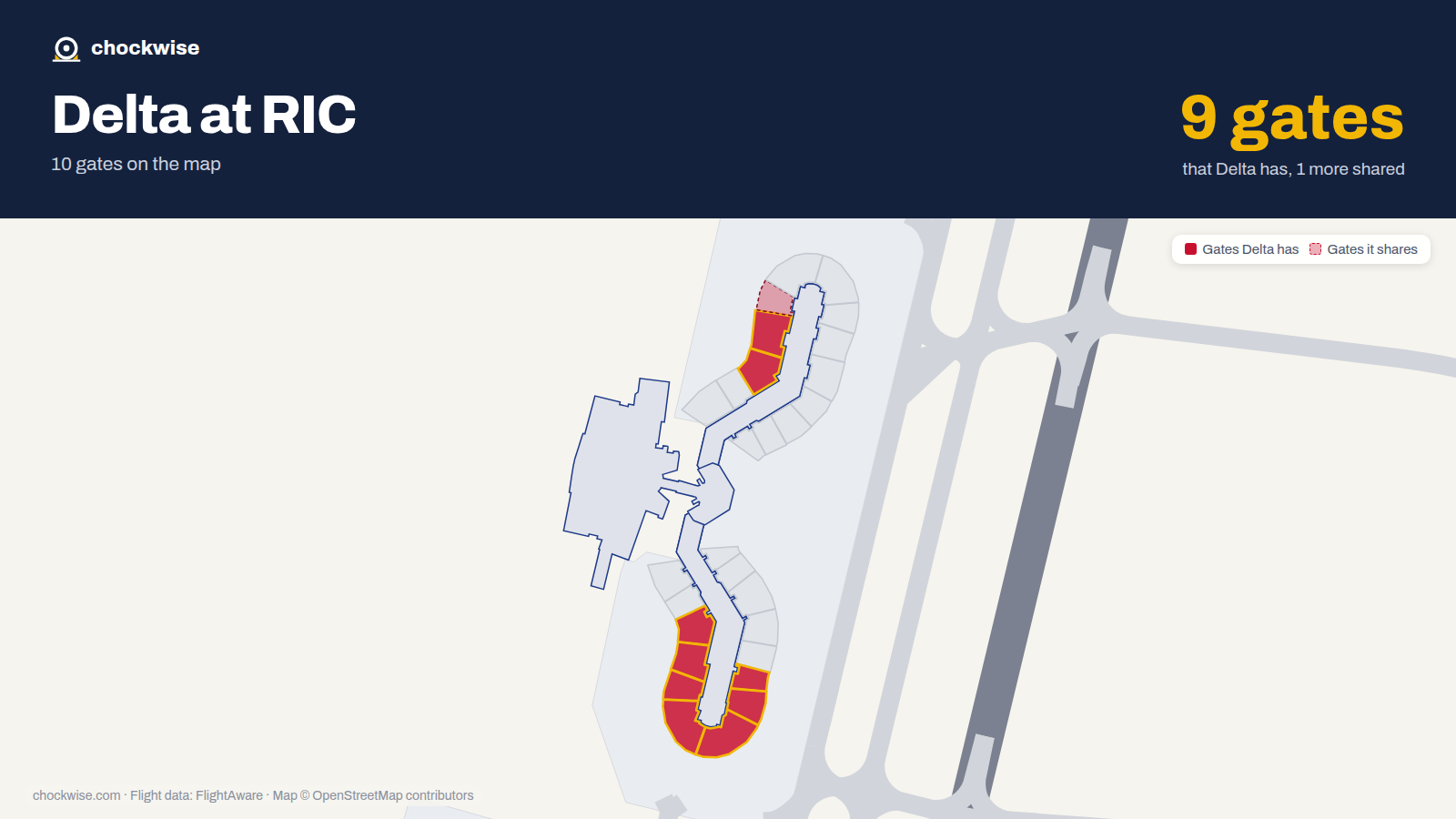 Map of RIC with the gates Delta Air Lines uses highlighted: A5, B6, B10, A11, B11, B12, B13, B14 and 1 more.