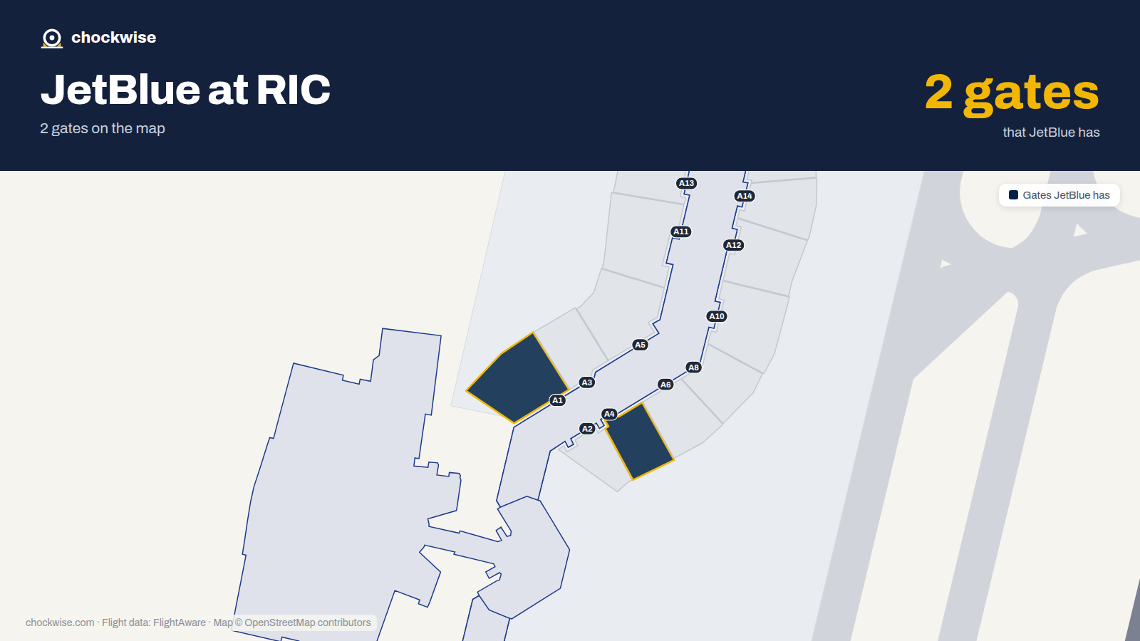 Map of RIC with the gates JetBlue uses highlighted: A1 and A4.
