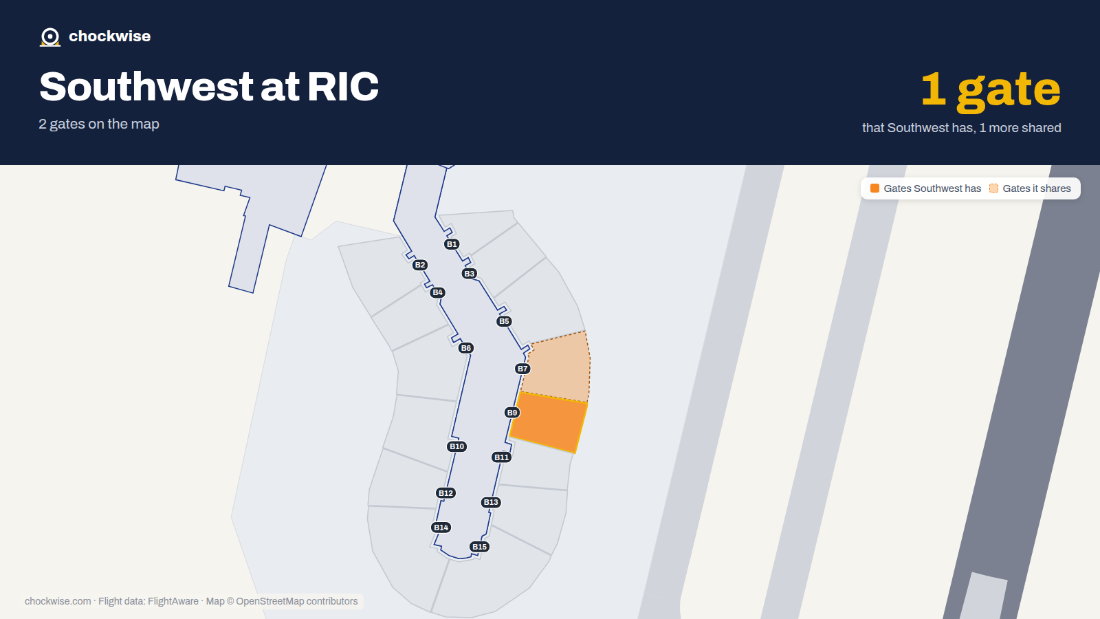 Map of RIC with the gates Southwest Airlines uses highlighted: B9.