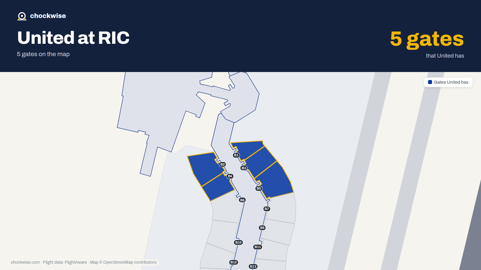 Map of RIC with the gates United Airlines uses highlighted: B1, B2, B3, B4 and B5.