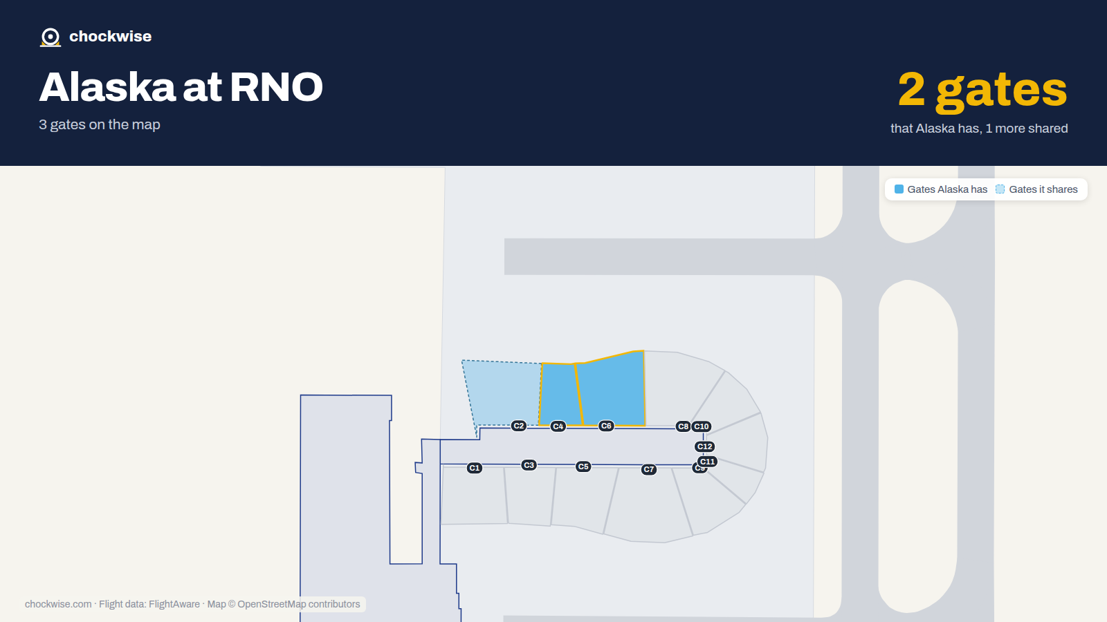 Map of RNO with the gates Alaska Airlines uses highlighted: C4 and C6.