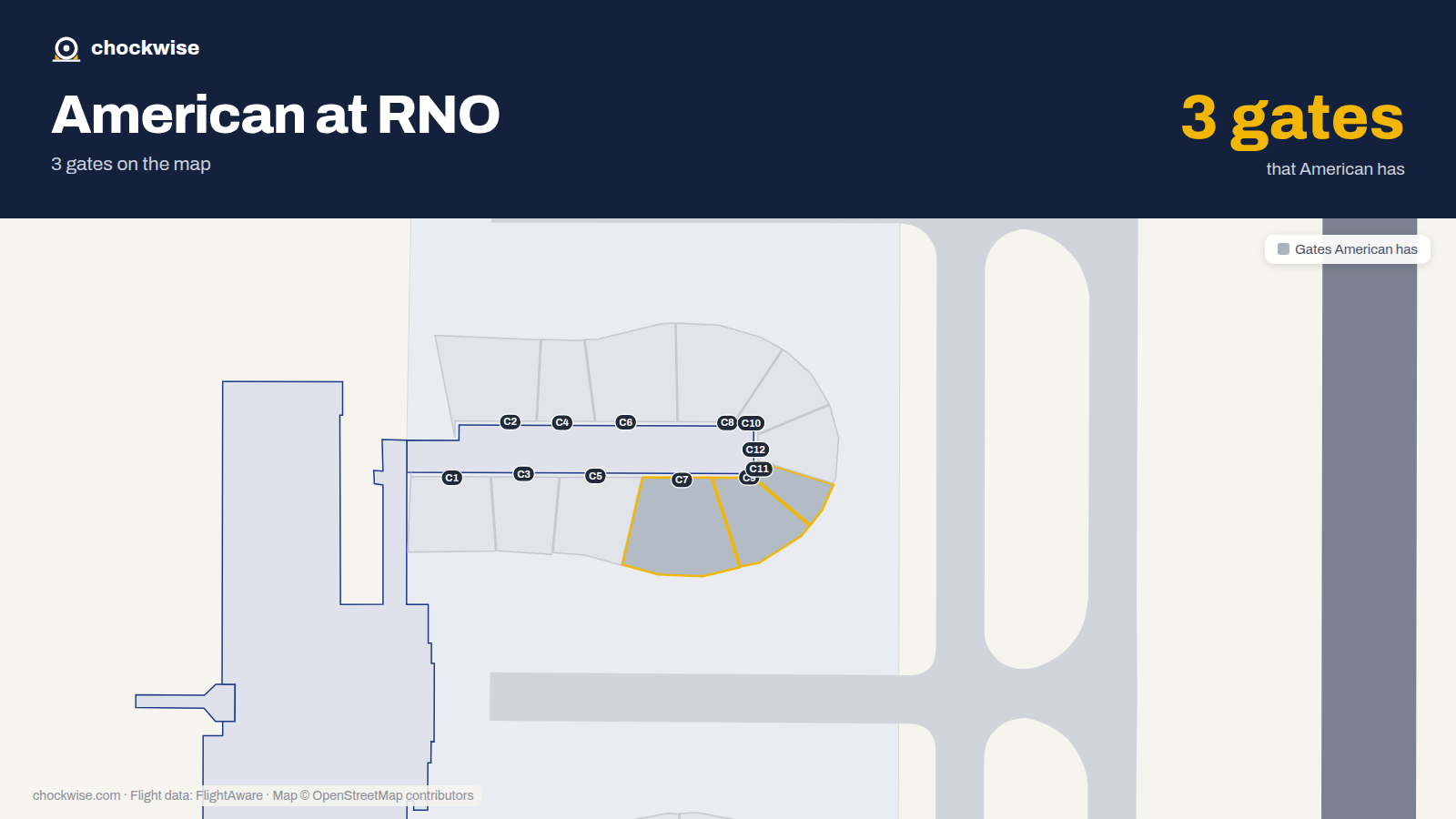 Map of RNO with the gates American Airlines uses highlighted: C7, C9 and C11.