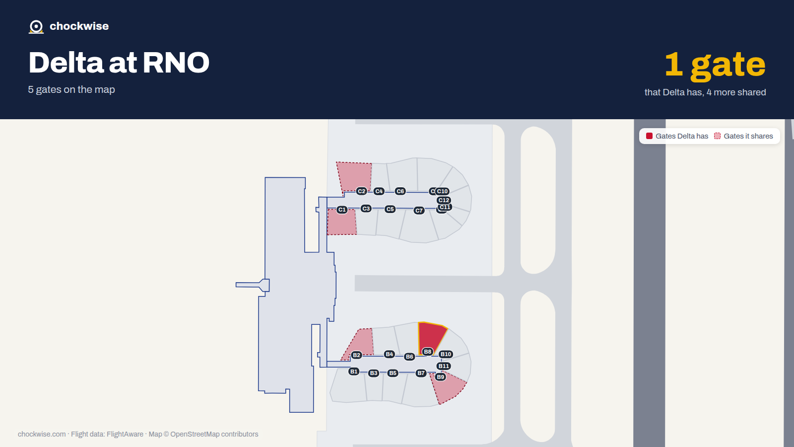 Map of RNO with the gates Delta Air Lines uses highlighted: B8.