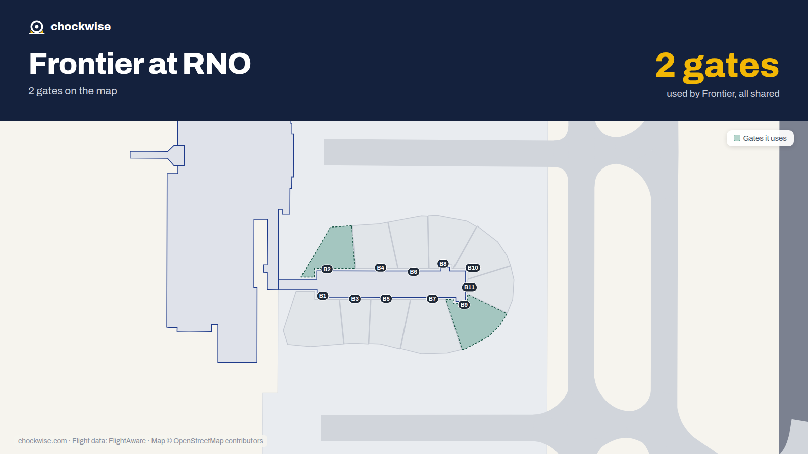 Map of RNO with the gates Frontier Airlines uses highlighted: B2 and B9.
