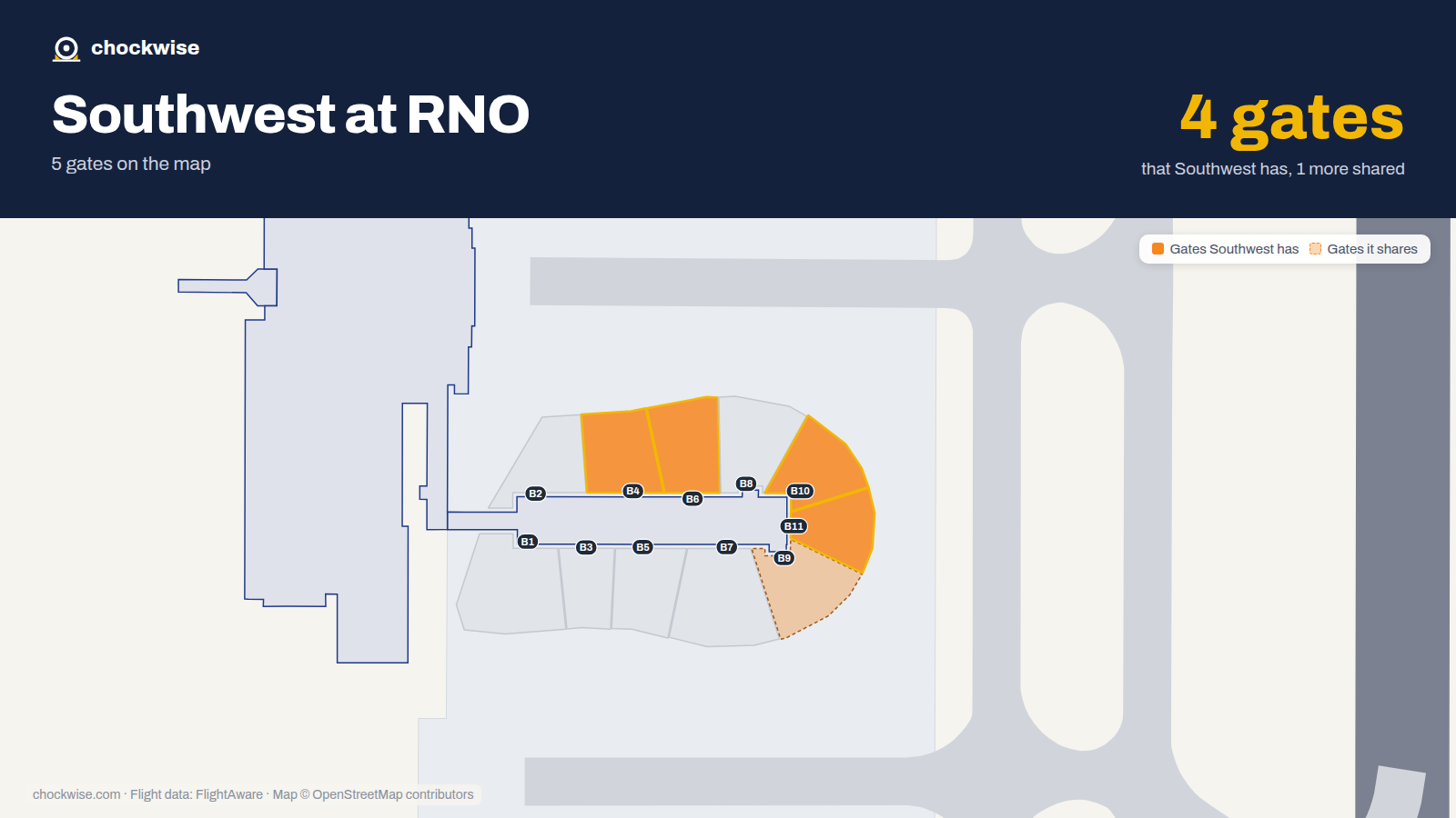 Map of RNO with the gates Southwest Airlines uses highlighted: B4, B6, B10 and B11.