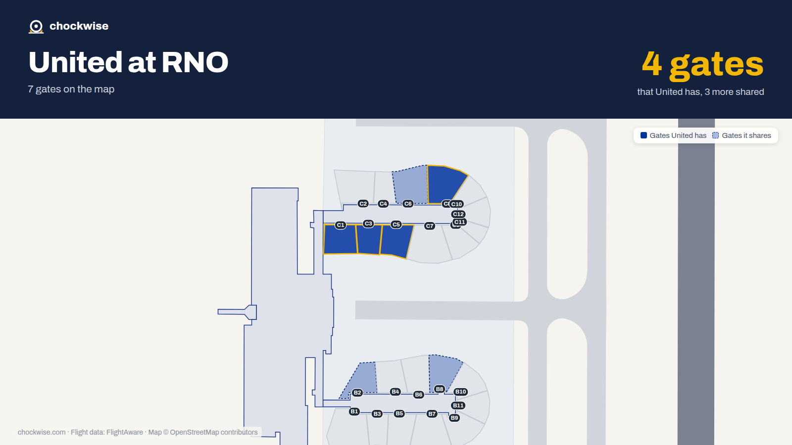 Map of RNO with the gates United Airlines uses highlighted: C1, C3, C5 and C8.