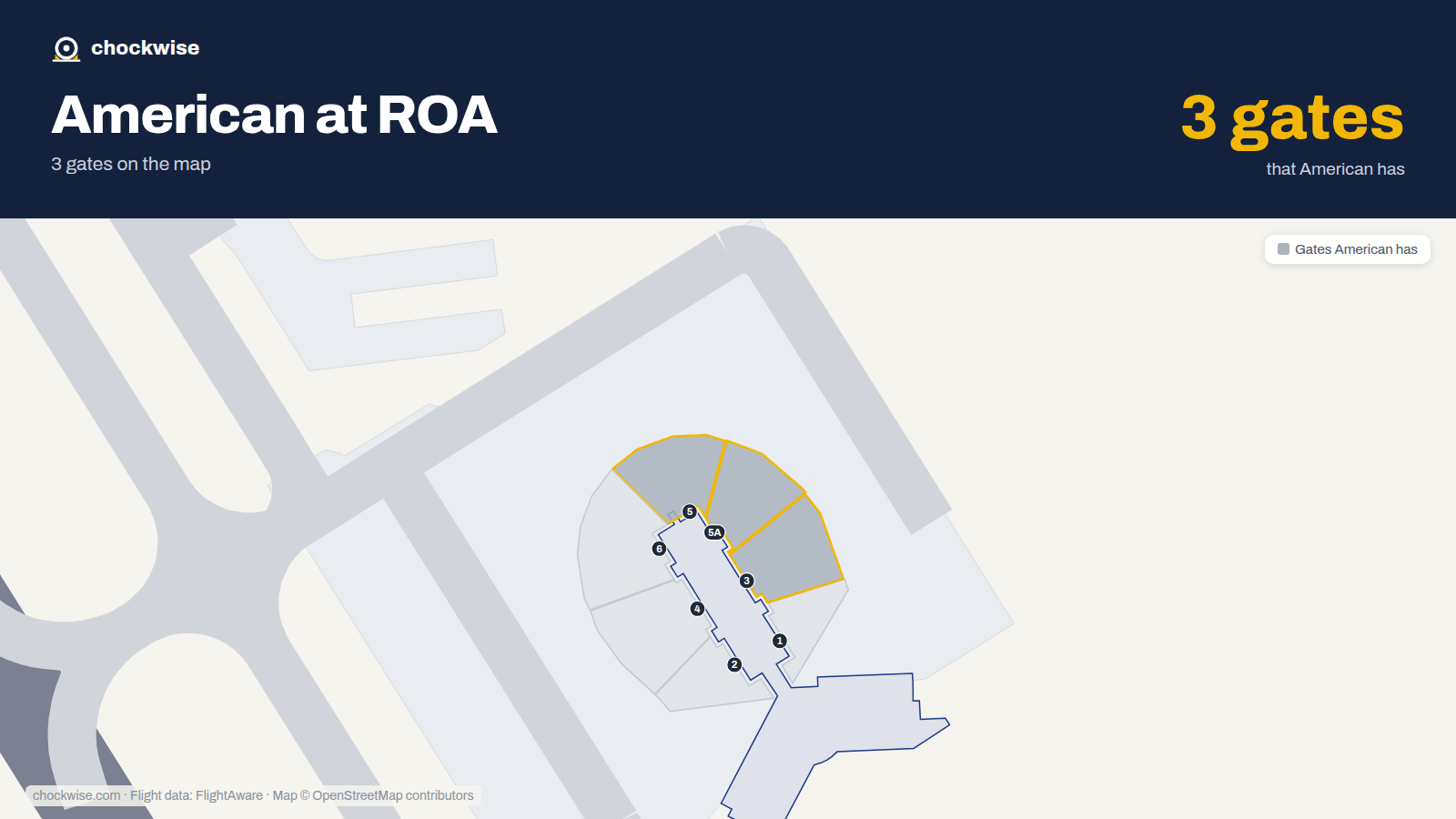 Map of ROA with the gates American Airlines uses highlighted: 3, 5 and 5A.