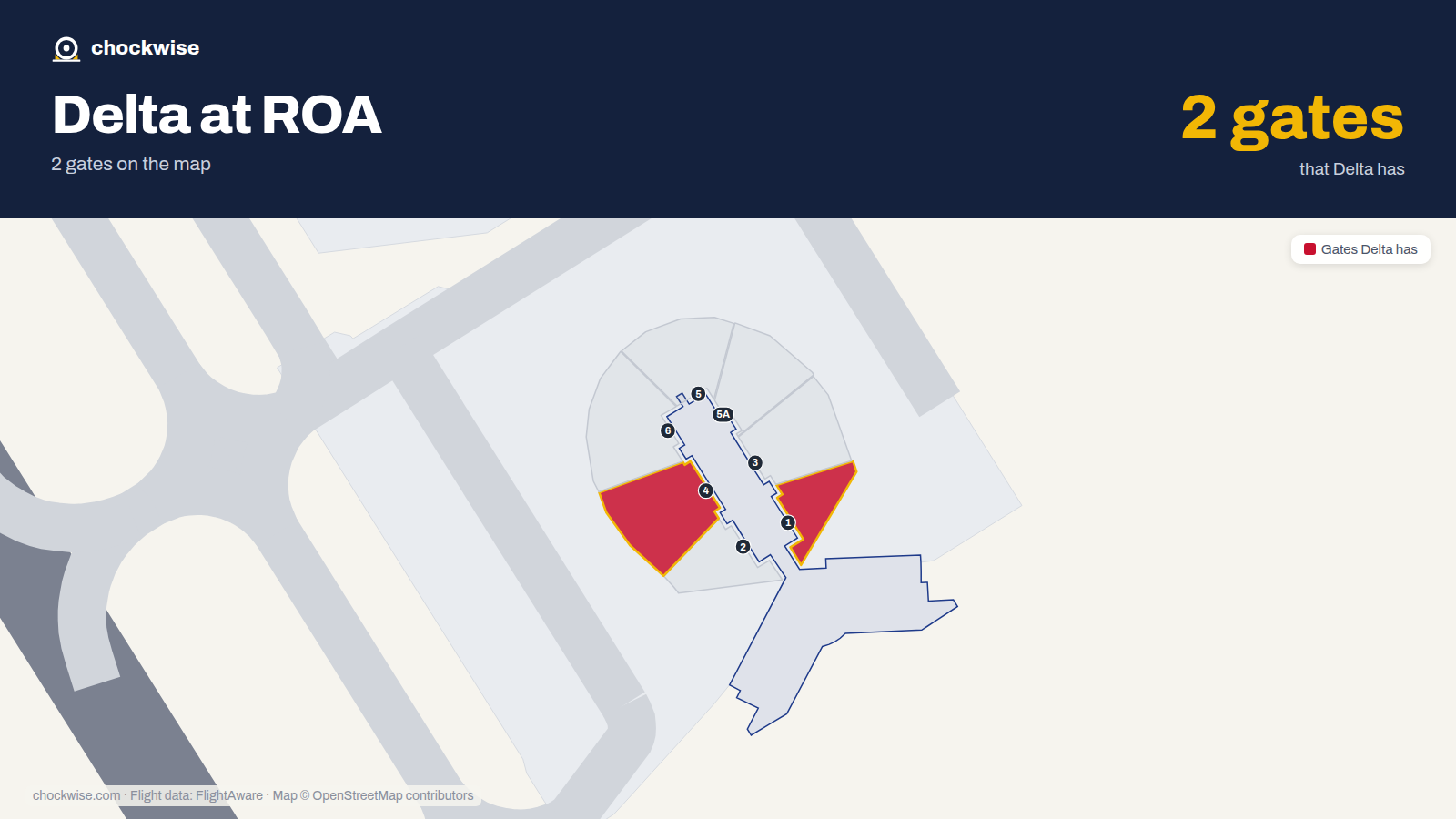 Map of ROA with the gates Delta Air Lines uses highlighted: 1 and 4.