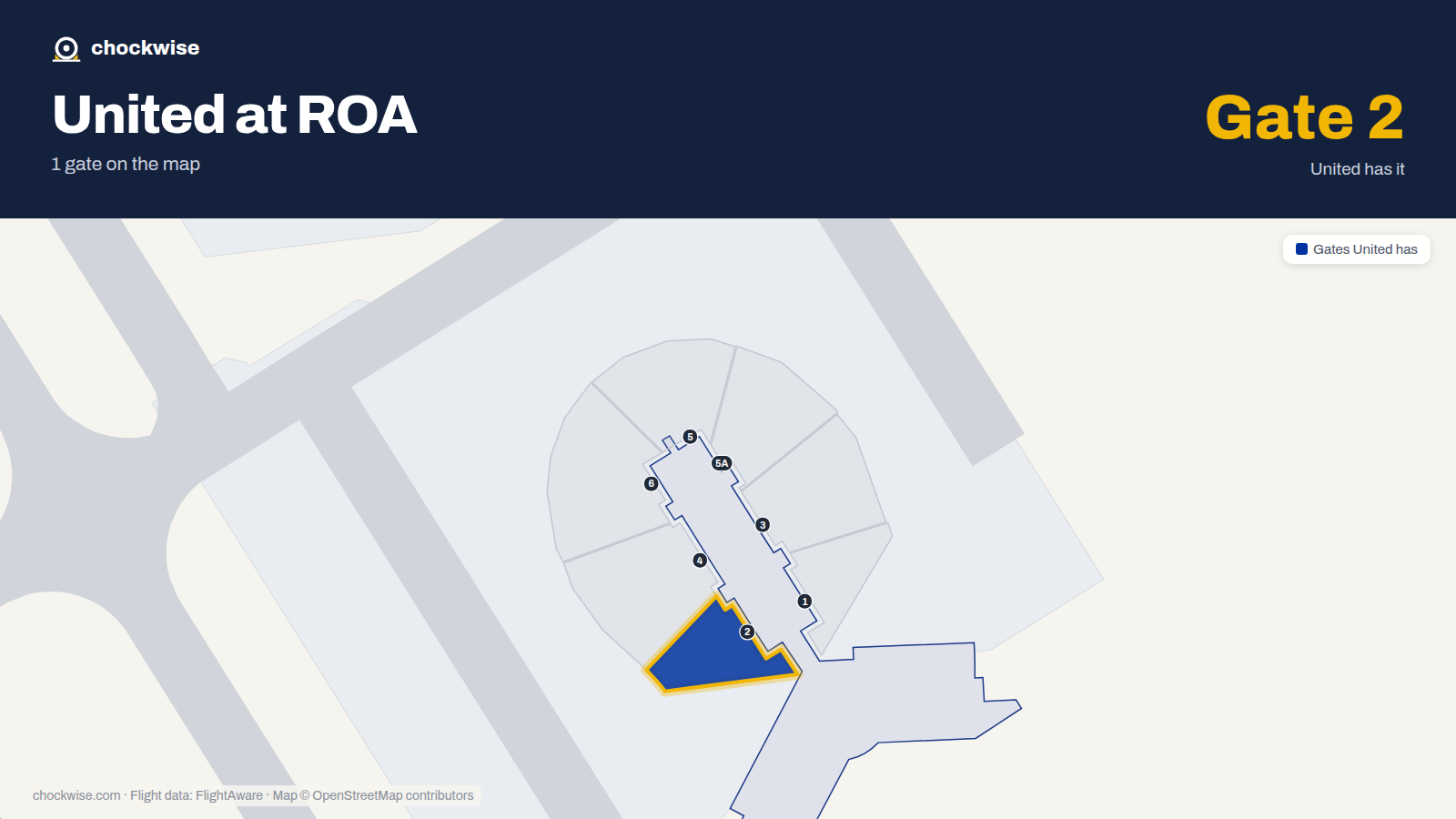 Map of ROA with the gates United Airlines uses highlighted: 2.
