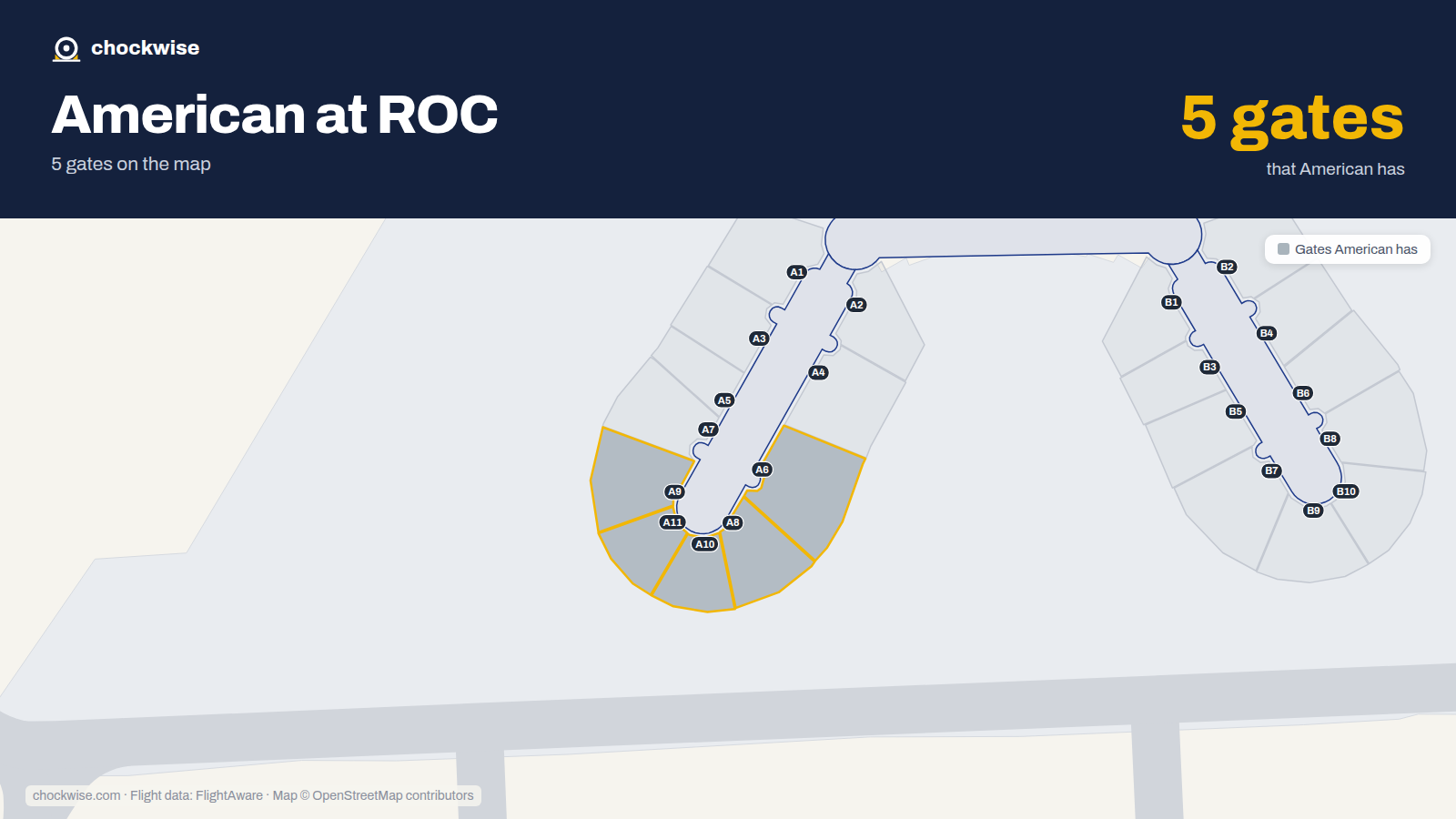 Map of ROC with the gates American Airlines uses highlighted: A6, A8, A9, A10 and A11.