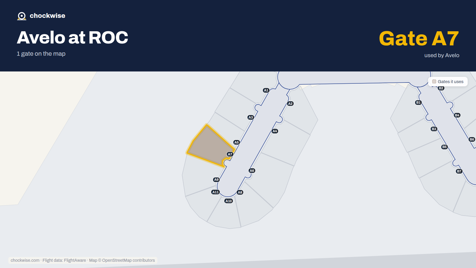 Map of ROC with the gates Avelo Airlines uses highlighted: A7.