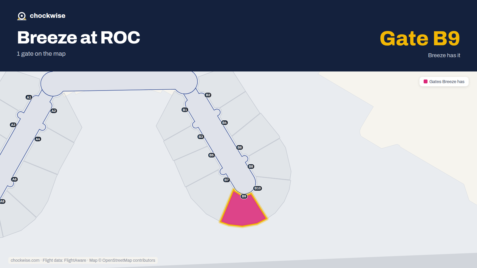 Map of ROC with the gates Breeze Airways uses highlighted: B9.