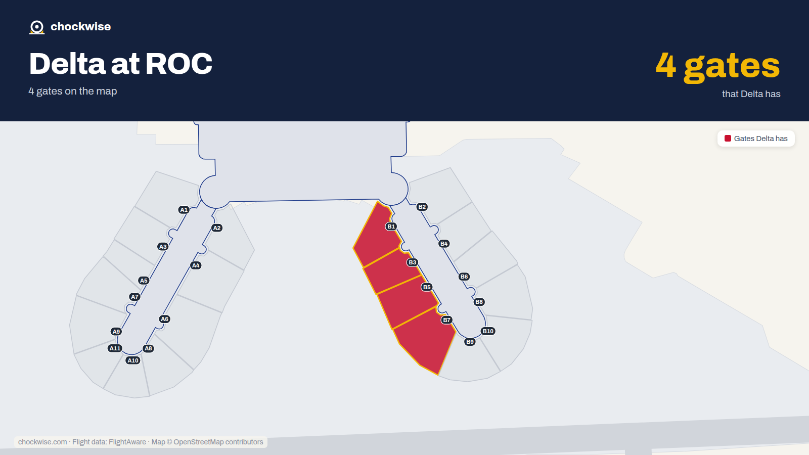 Map of ROC with the gates Delta Air Lines uses highlighted: B1, B3, B5 and B7.