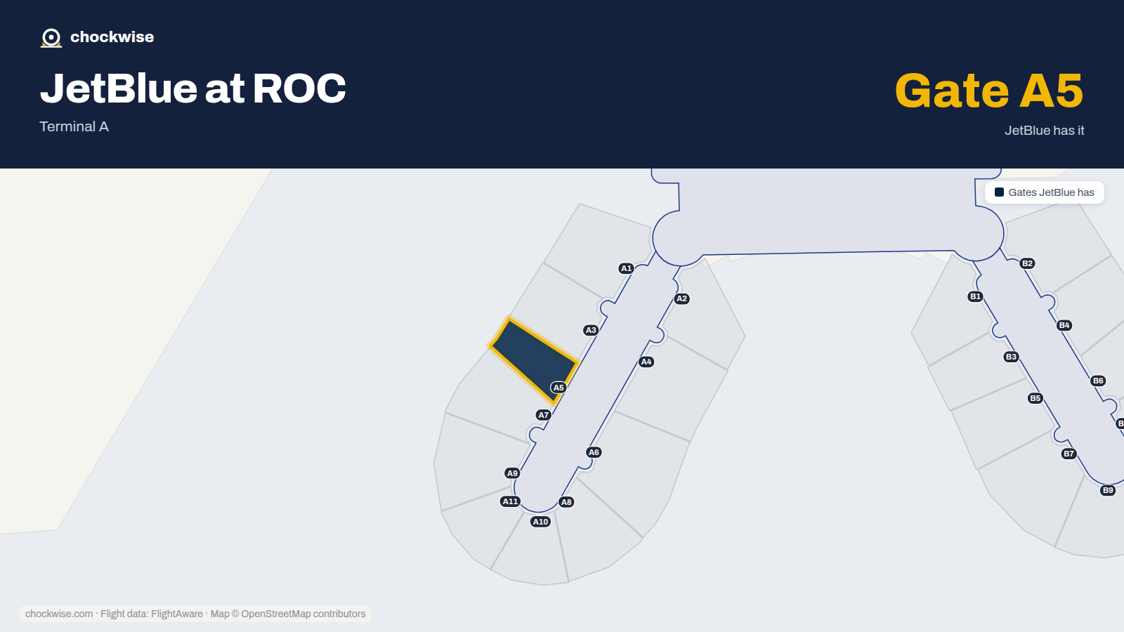 Map of ROC with the gates JetBlue uses highlighted: A5.
