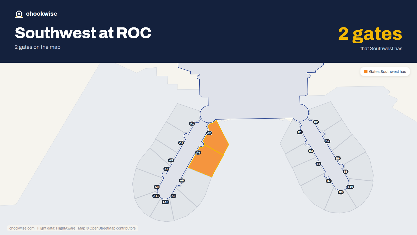 Map of ROC with the gates Southwest Airlines uses highlighted: A2 and A4.
