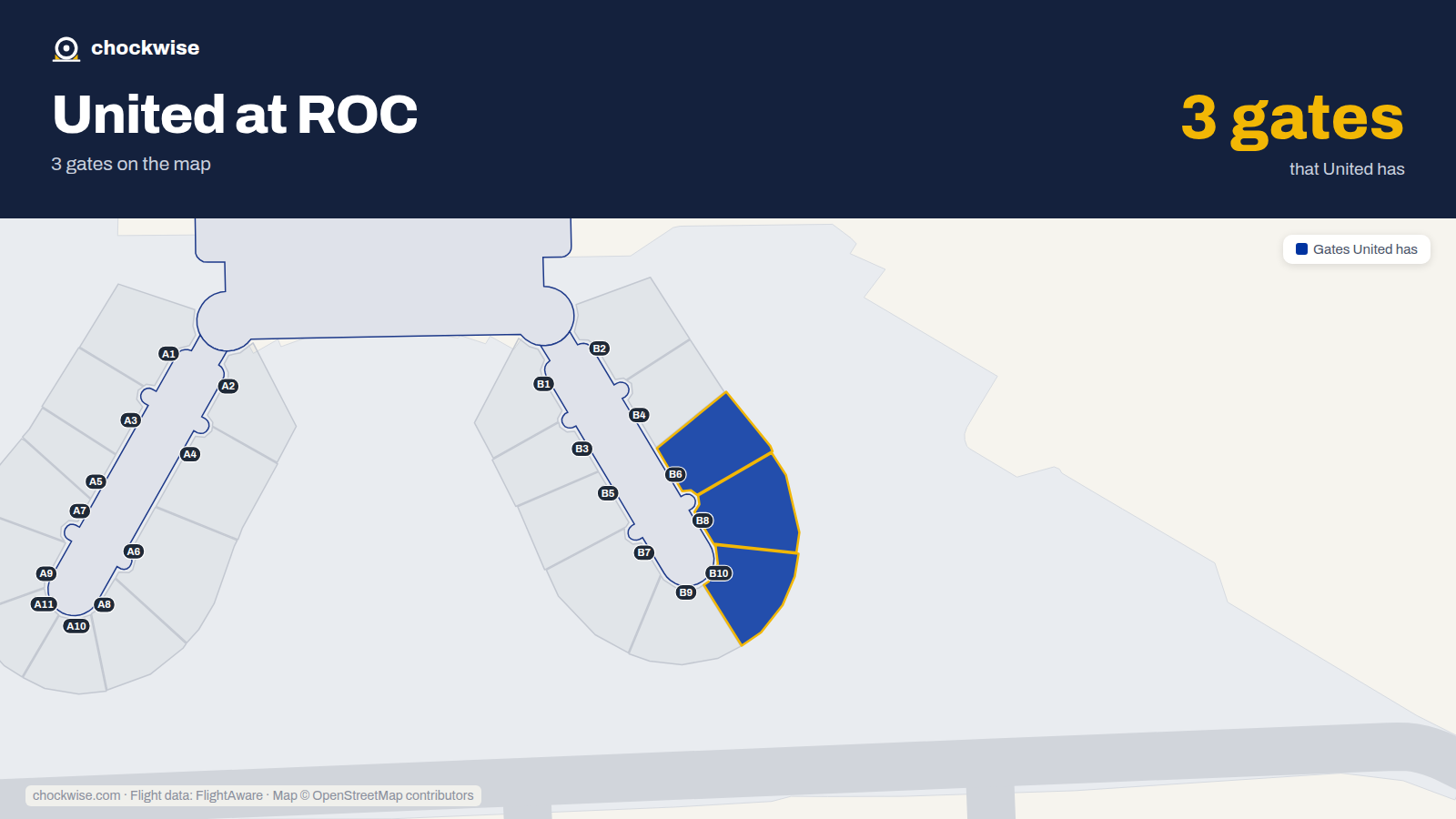 Map of ROC with the gates United Airlines uses highlighted: B6, B8 and B10.