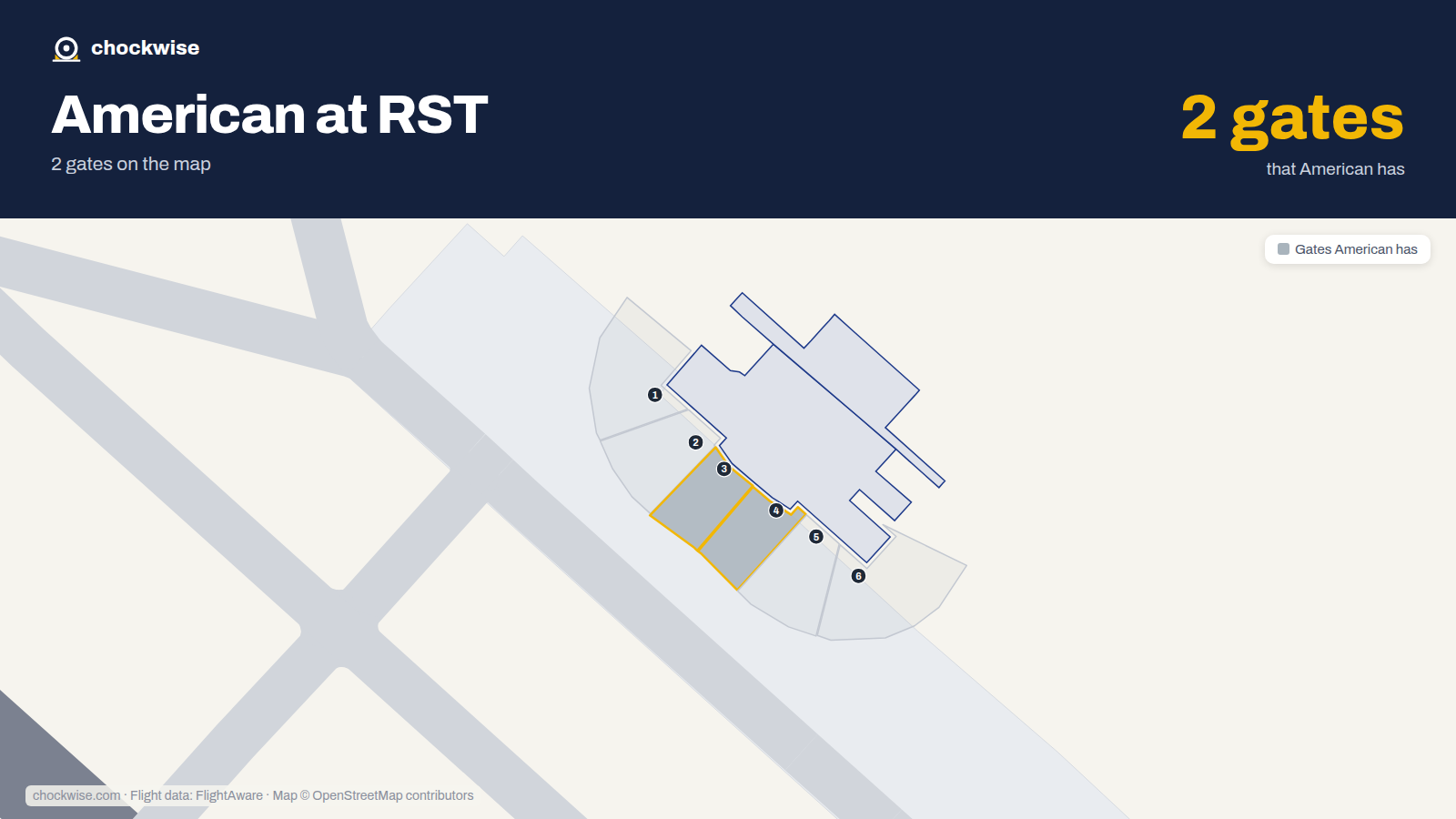 Map of RST with the gates American Airlines uses highlighted: 3 and 4.