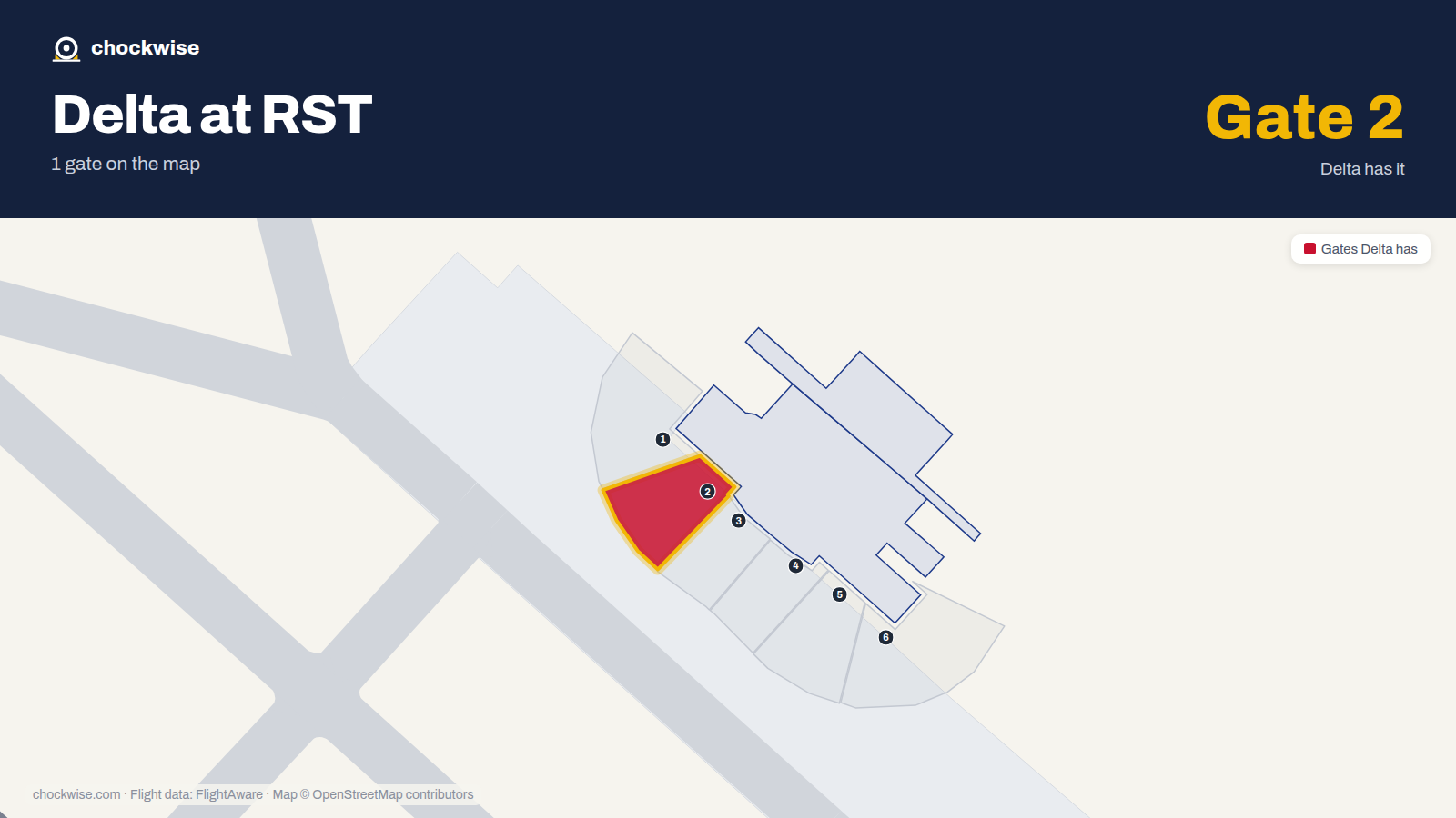Map of RST with the gates Delta Air Lines uses highlighted: 2.